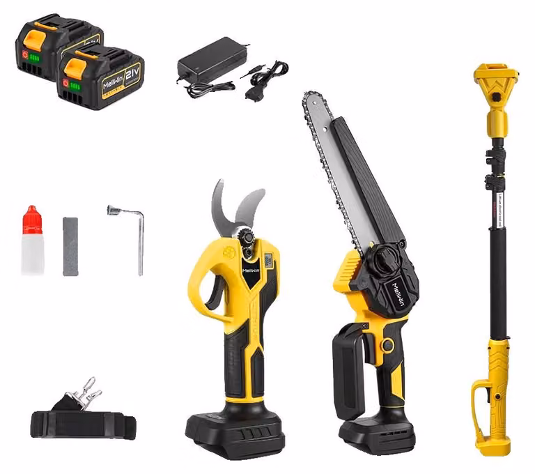 Troncatrice a catena, motore brushless, manico telescopico regolabile, 2 batterie