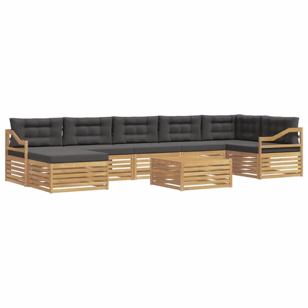 Set di divani da esterno a L vidaXL composto da 8 pezzi con tavolino e pouf, struttura in legno di acacia e cuscini bianchi e antracite – 2