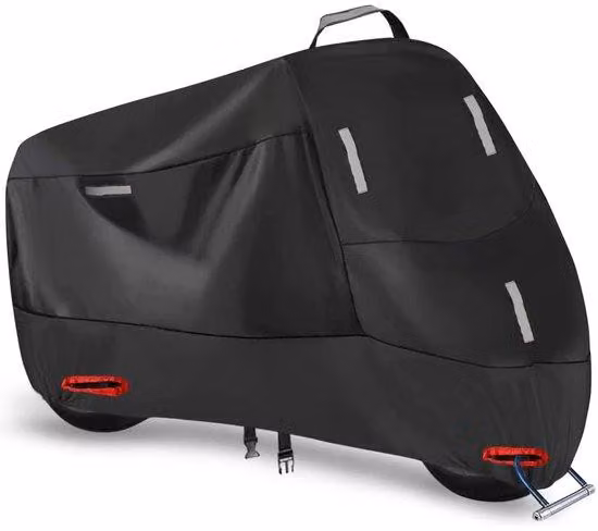 Copermotocicletta per uso esterno e interno in tessuto 300D, copertura per ciclomotore, telo per scooter, garage impermeabile per ciclomotore con 5 strisce riflettenti e 2 fori per lucchetto, 2 fibbie antivento e 1 tasca (XXXXL: 290x95x140 cm)