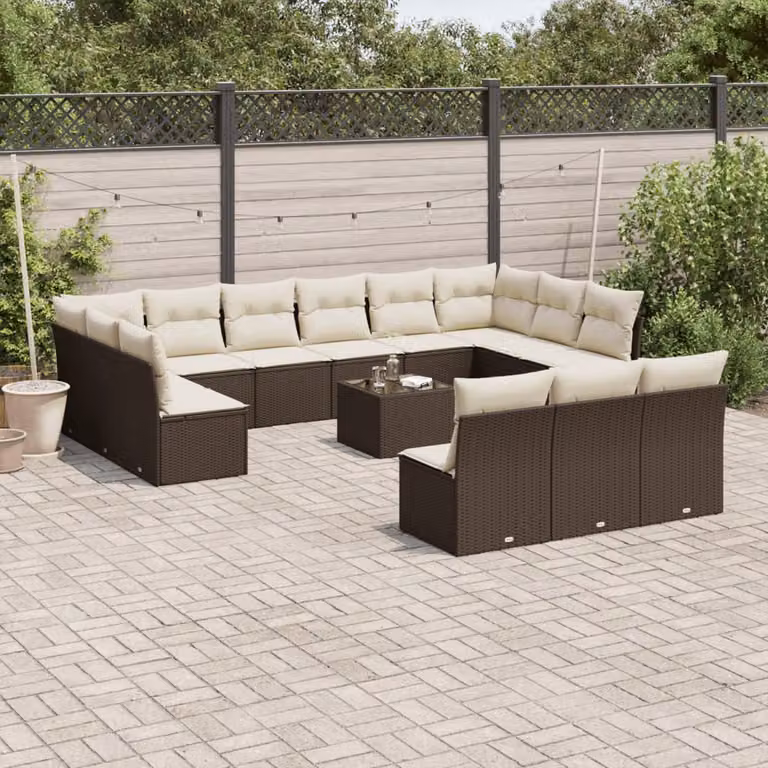 vidaXL Set Divani da Giardino a Forma di U in Polyrattan Marrone e Bianco con Cuscini e Tavolino da Caffè