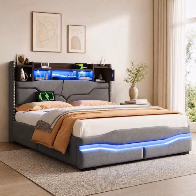Letto imbottito ULEVR 140x200 cm con contenitore idraulico, LED RGB e prese USB/Type-C, grigio