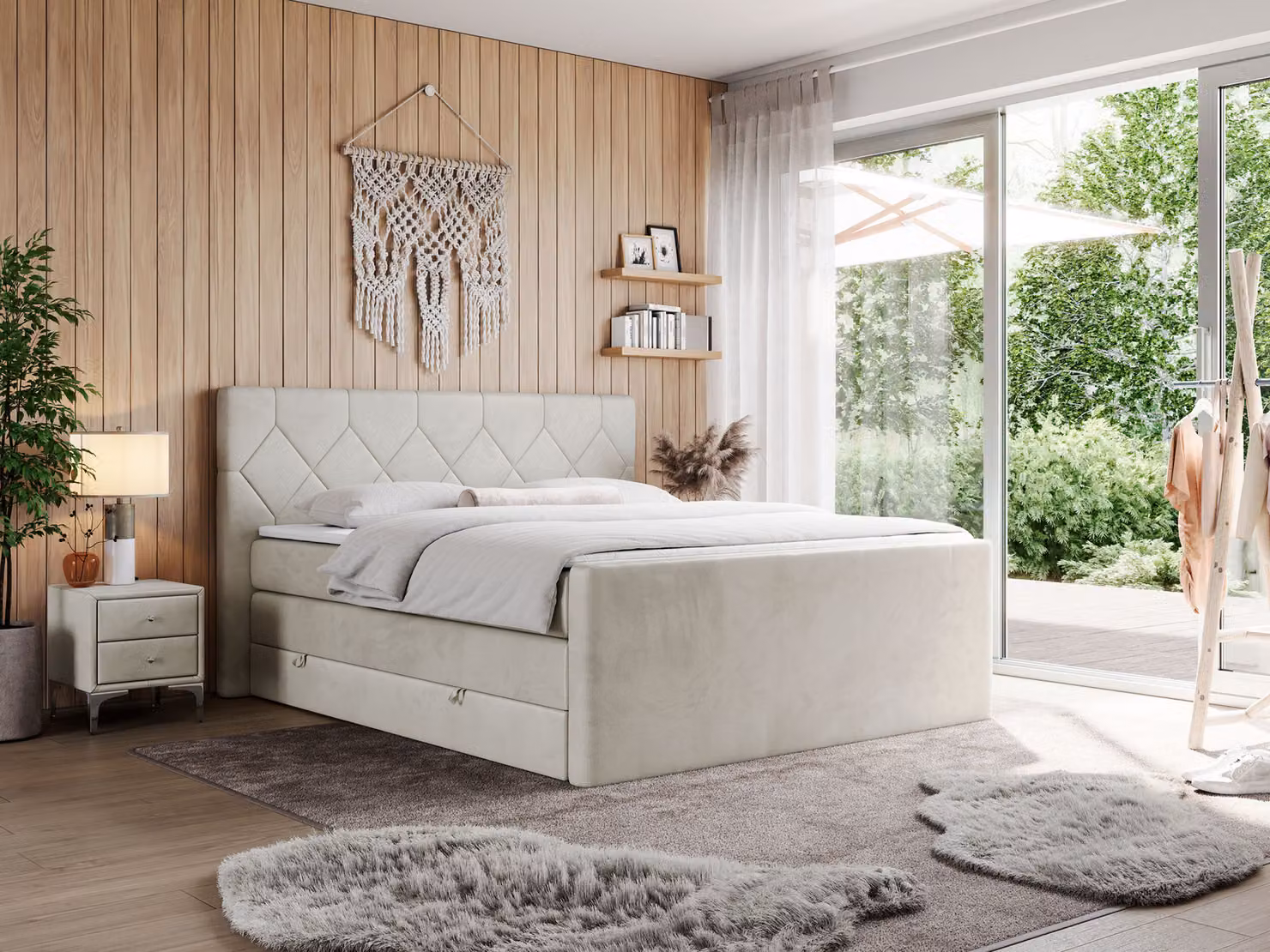 Letto boxspring con materasso matrimoniale, due cassetti portaoggetti, coprimaterasso, per camera da letto - KING EIGAR - 120x200 cm - Beige - H4