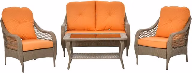 Set Mobili da Giardino in Rattan PE con 2 Poltrone Divano a 2 Posti e Tavolo e Cuscini, Colore Khaki e Arancione