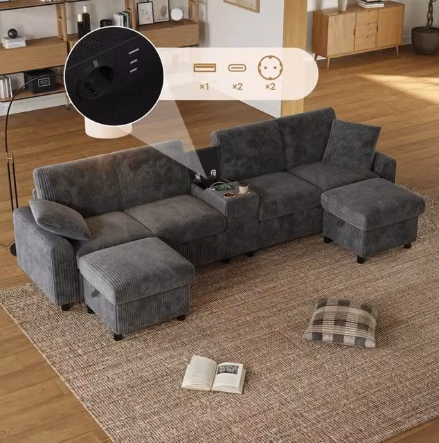 Divano a U 315x135x81 cm in velluto a coste grigio con 2 pouf contenitore HOMVRA