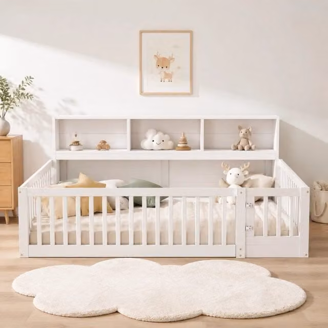 Daybed 140x200 cm con sponde di sicurezza e vani laterali; in pino e MDF; bianco