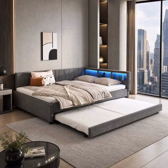 Letto estraibile 140x200 cm grigio con LED, USB-C e vani contenitore