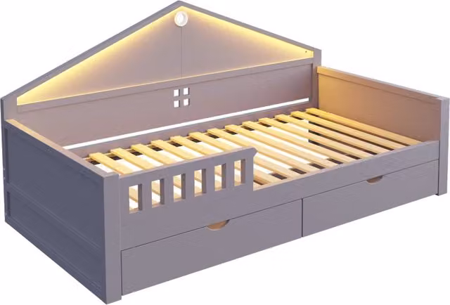 Letto singolo 90x200 cm in legno con LED integrato e cassetti, struttura robusta grigia