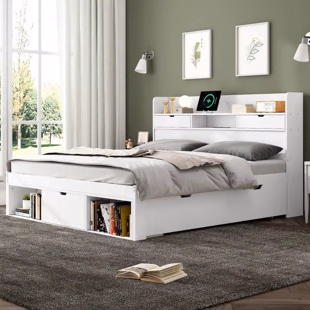 Letto matrimoniale Mivray in pino e MDF bianco con cassetti, armadio contenitore e porte USB e Type-C, L/P/H: 160 x 200 cm