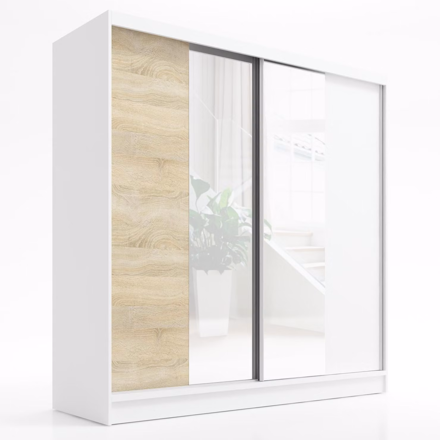 Armadio a porte sospese, a 2 ante con specchio SOLO 200 (Bianco, Bianco, Sonoma)
