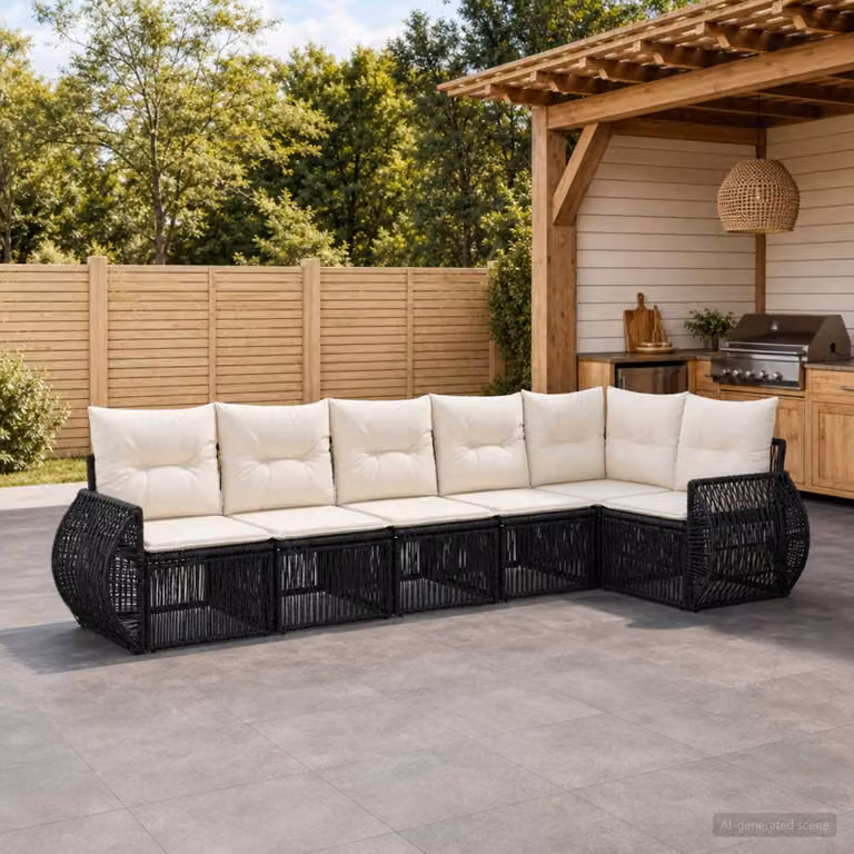 Set Divano da Giardino vidaXL 6 pz a Forma a L con Cuscini, Struttura in Metallo e Polyrattan, Colore Nero e Bianco Crema