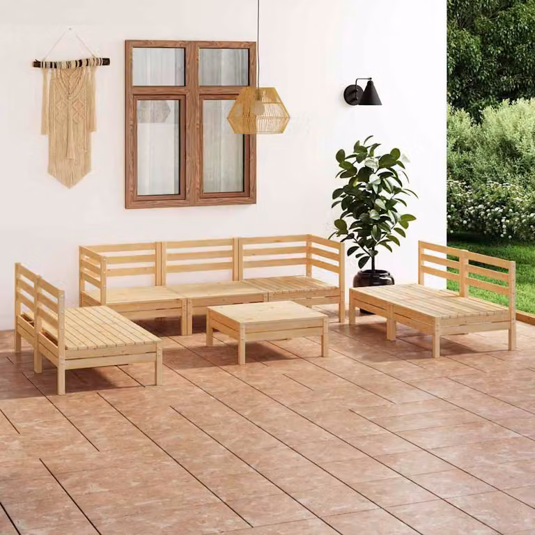 Set Divani da Giardino vidaXL 8 pz in Legno di Pino Marrone con Cuscini e Tavolino da Esterno a Forma di L
