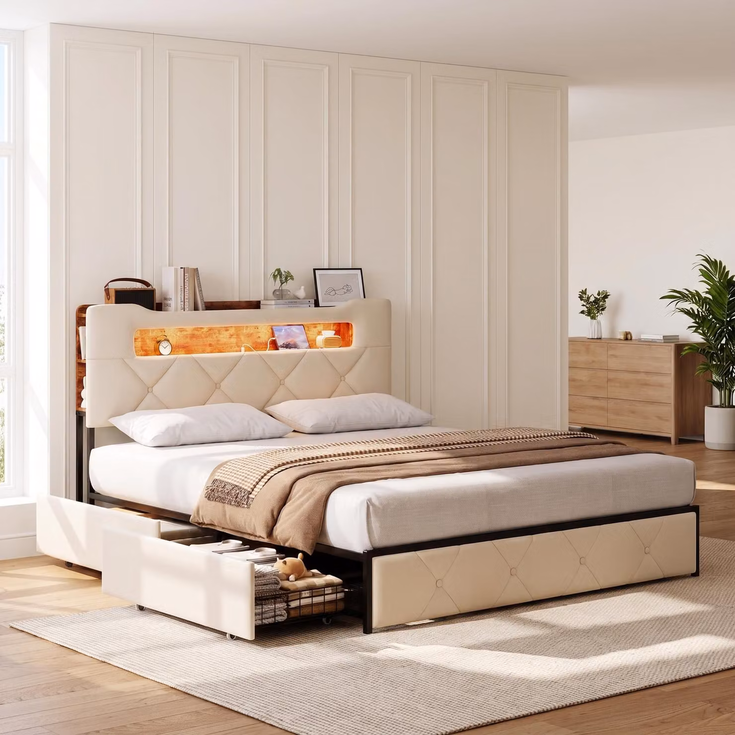 Letto imbottito INONEFT, modello contenitore, 140x200 cm, letto a una piazza e mezza/doppio con USB, 4 cassetti, letto con LED e spazio contenitore, struttura del letto con rete a doghe, tessuto in velluto, colore beige