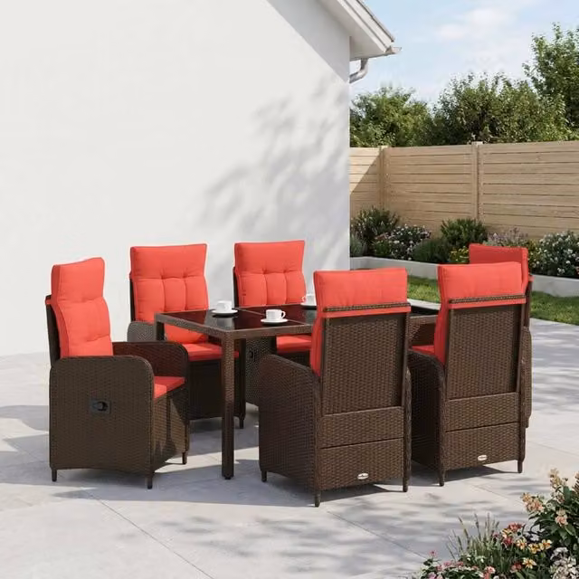 Set da pranzo per esterni moderno vidaXL in polyrattan marrone con tavolo in vetro e 7 sedie