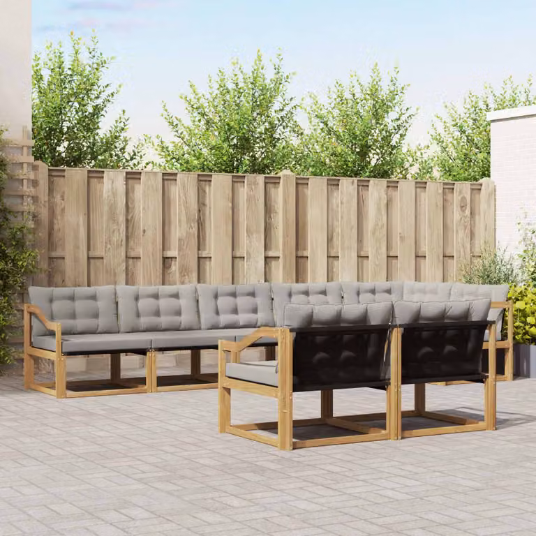 Set di divani da esterno vidaXL a forma di L composto da 8 pezzi in legno di acacia trattato e tessuto textilene, colori bianco, grigio e marrone, con cuscini inclusi