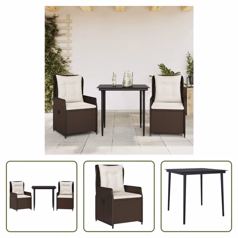 The Living Store Set da pranzo da giardino in 3 pezzi con cuscini in poly rattan marrone