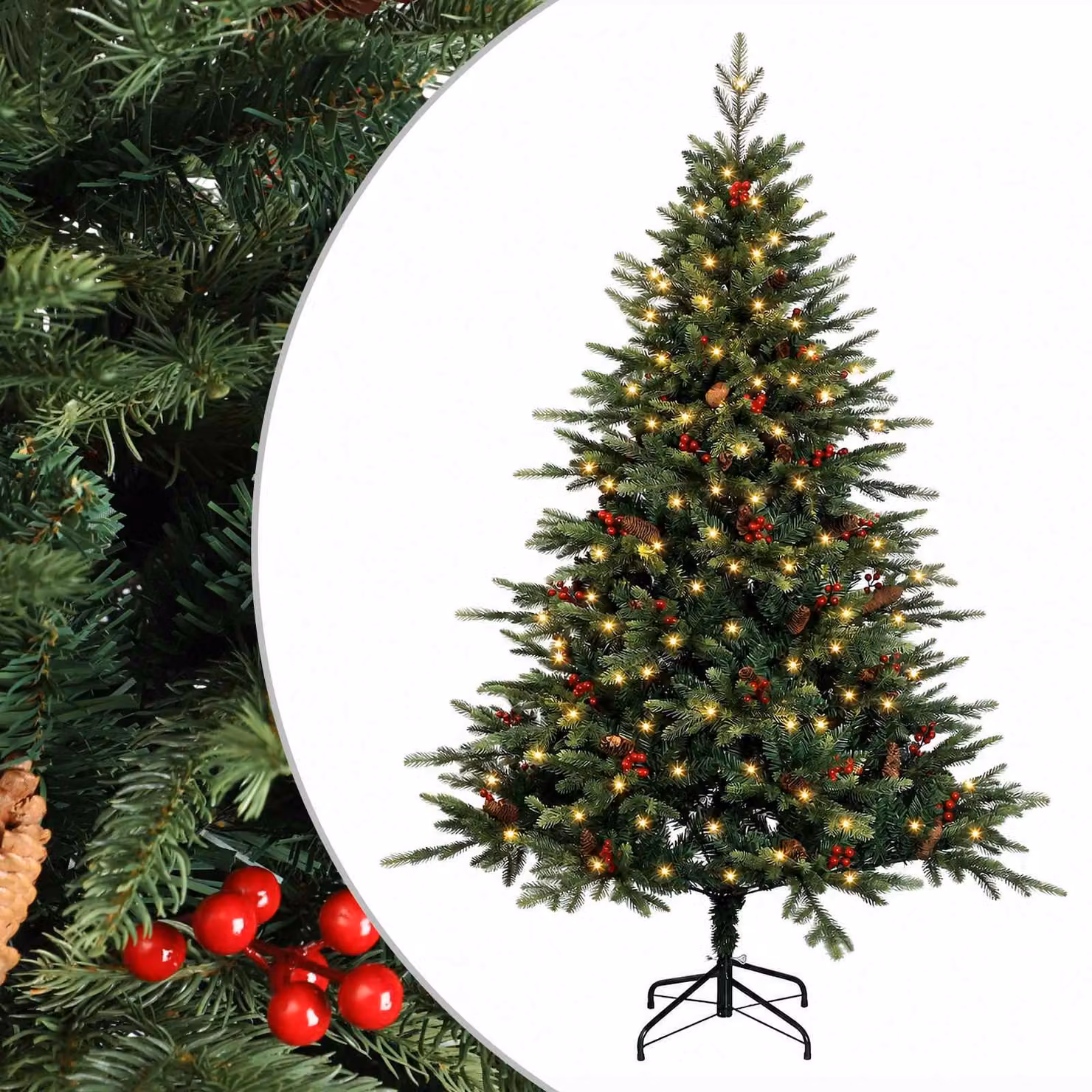 Albero di Natale Artificiale Moderno vidaXL Verde con 150 LED Luce Bianca Calda e Rami Pieghevoli in PVC e Metallo, Altezza: 120 cm