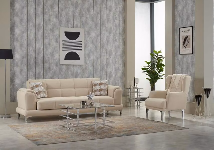 Couch Garnitur Dreisitzer 3 Sitzer Sofa Stoff Sessel Polstersofa Beige