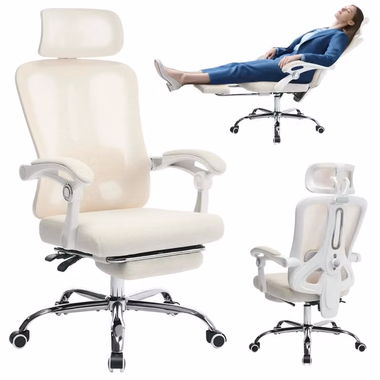 Sedia da ufficio ergonomica - sedia da scrivania e sedia da gaming - schienale alto - tessuto a rete traspirante - girevole con rotelle - seduta imbottita - struttura in metallo - color beige
