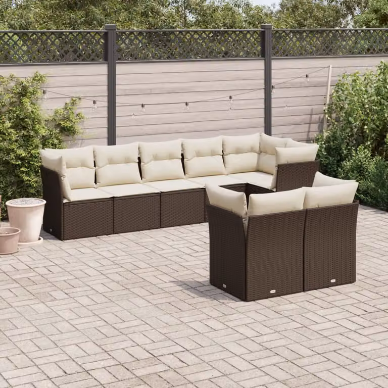 Set di divani da giardino vidaXL a forma di L composto da 8 pezzi in polyrattan marrone con cuscini bianchi e coperture rimovibili
