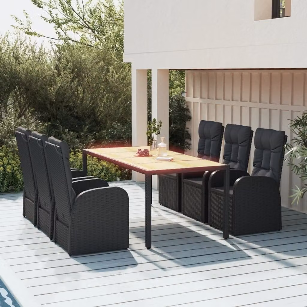 The Living Store Set da pranzo da giardino 7 pezzi con cuscini in polirattan nero