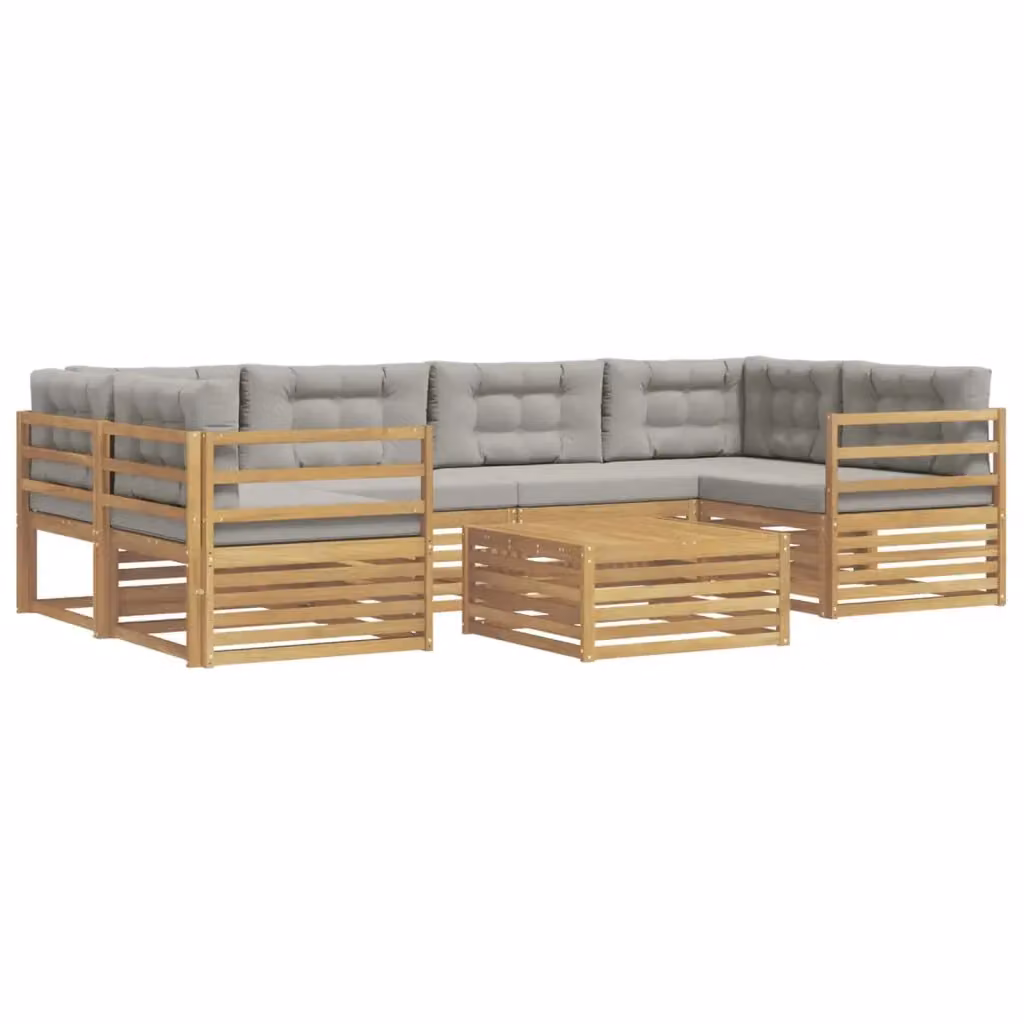 Set di divani da esterno vidaXL a forma di U composto da 7 pezzi con tavolino da caffè, in legno di acacia e tessuto bianco e grigio – 2