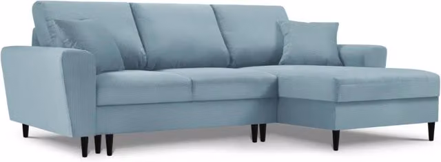 Divano convertibile angolare destro con contenitore Kyoto di Cosmopolitan Design, 4 posti in velluto a coste azzurro, L: 241 cm, P: 145 cm, H: 88 cm