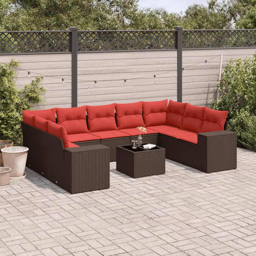 Set di divani da giardino vidaXL 10 pezzi con cuscini marroni e tavolino in polyrattan e metallo con struttura a L