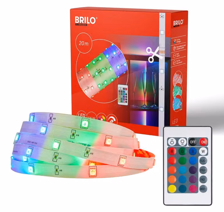 Briloner LED Strip 20m, telecomando, modalità colore RGB, bianco
