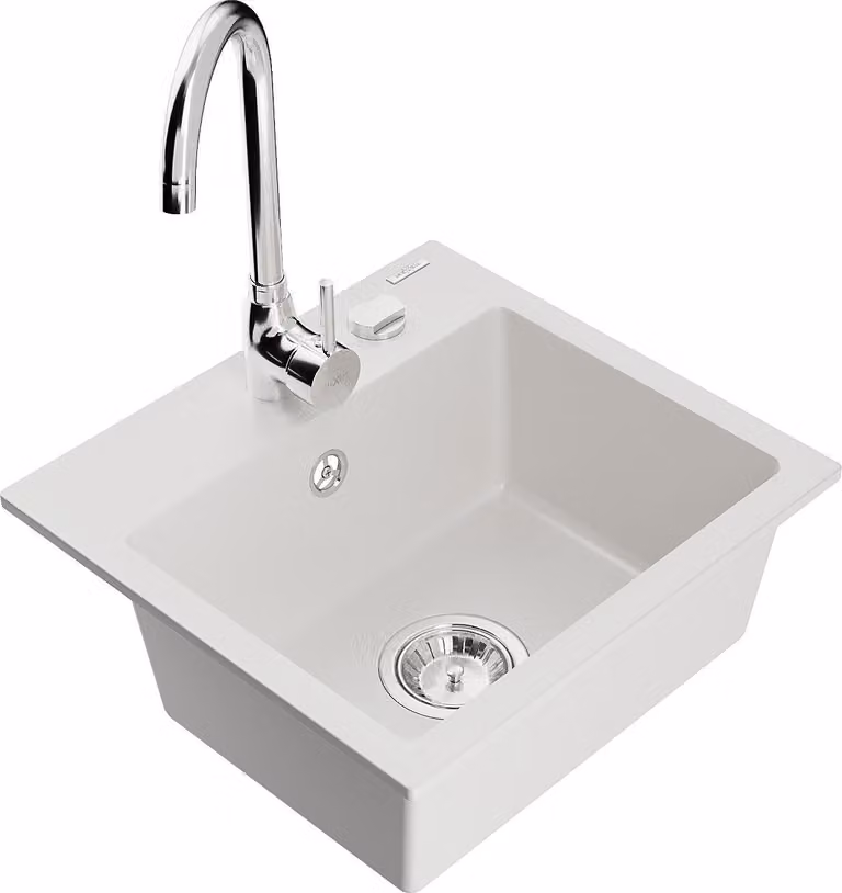 Mexen Milo lavello in granito 1-vasca con rubinetto da cucina Telma, bianco - 6505-20-670200-00