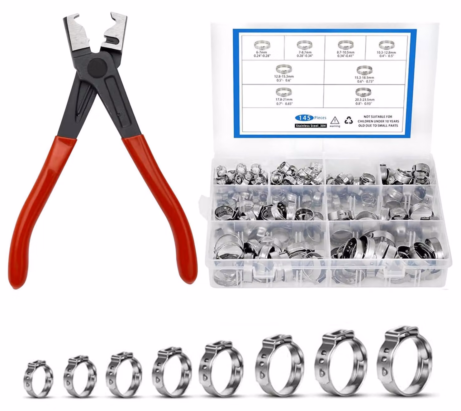 Set di 145 morsetti a "O" in acciaio inossidabile, con pinze per morsetti, per tubi da 6 a 23,5 mm