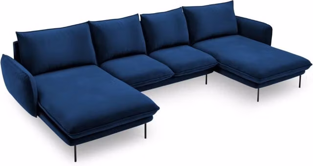Divano panoramico Vienna a 6 posti Cosmopolitan Design in velluto blu con struttura in metallo e cuscini inclusi