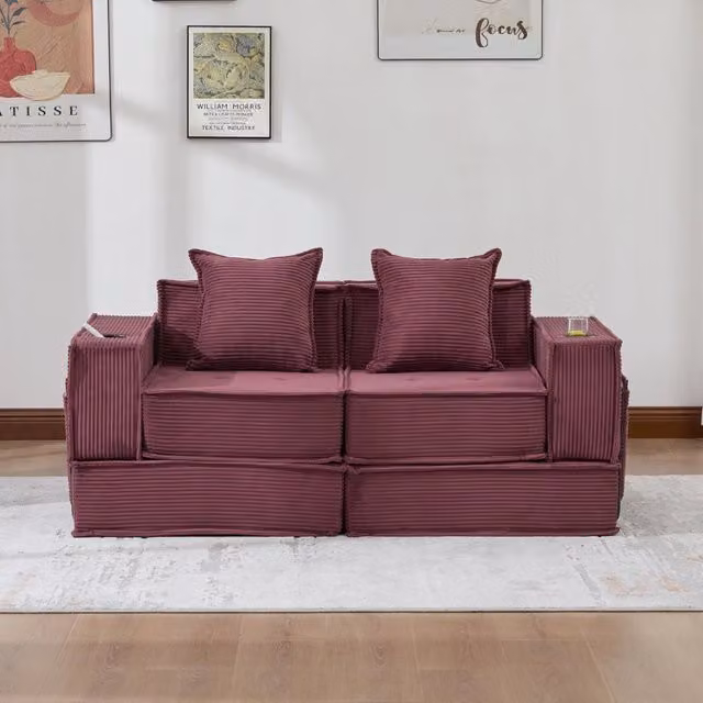 Divano modulare ULEVR 162x78x66 cm con 2 cuscini e tasche laterali, in velluto a coste rosso vino