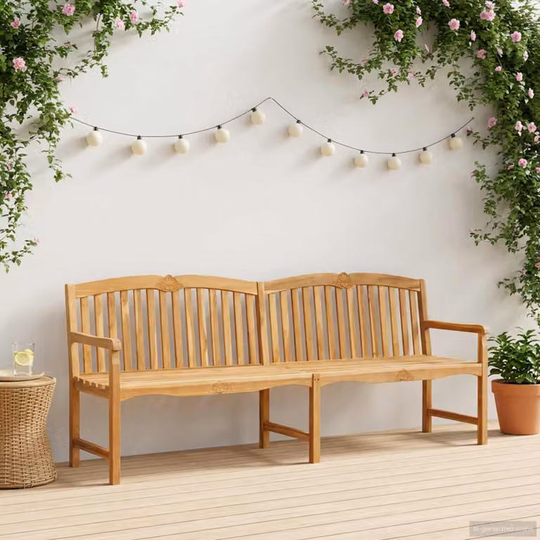 Panchina da giardino vidaXL in legno di teak marrone con intaglio a conchiglia e braccioli L: 228 cm, P: 61 cm, H: 94,5 cm