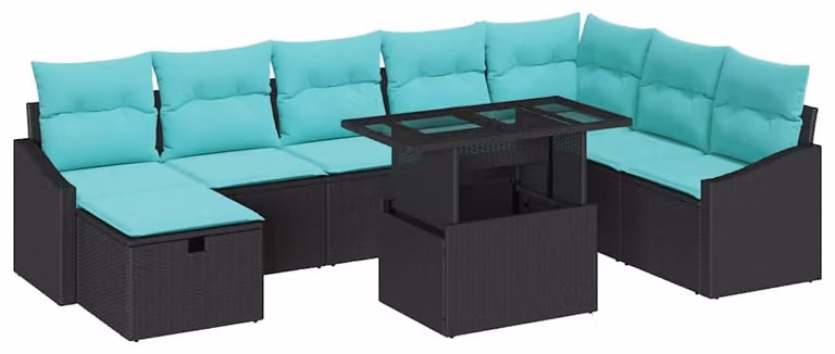 Set Divano da Giardino con cuscino 9 pcs Nero Poly Rattan