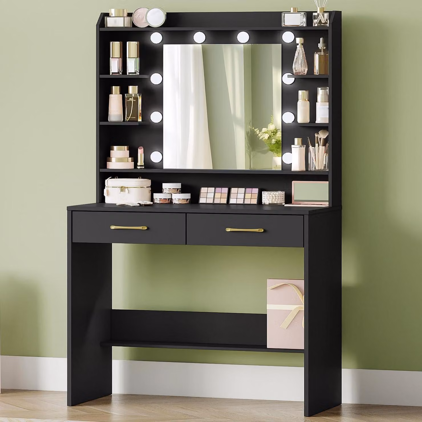 Comò da trucco con specchio, ripiani e 2 cassetti, illuminazione LED regolabile, dimensioni 40 x 80 x 149 cm, colore nero