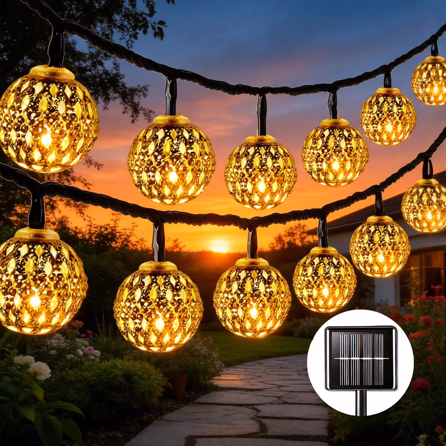 Catena luminosa solare, 12 metri, 100 sfere dorate, luce bianco caldo, grado di protezione IP65, 8 modalità