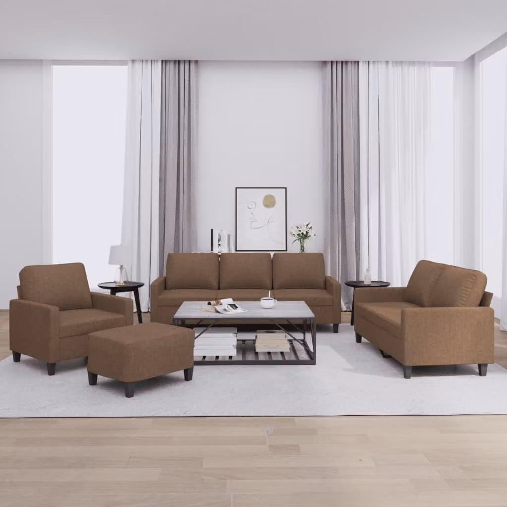 Set di divani moderno vidaXL composto da 4 pezzi in tessuto marrone con cuscini, include divano a 3 posti, divano a 2 posti e pouf – 1