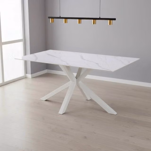 Tavolo da Pranzo Hunter 160×90 cm in Ceramica Effetto Marmo Bianco con Gambe Design Bianche