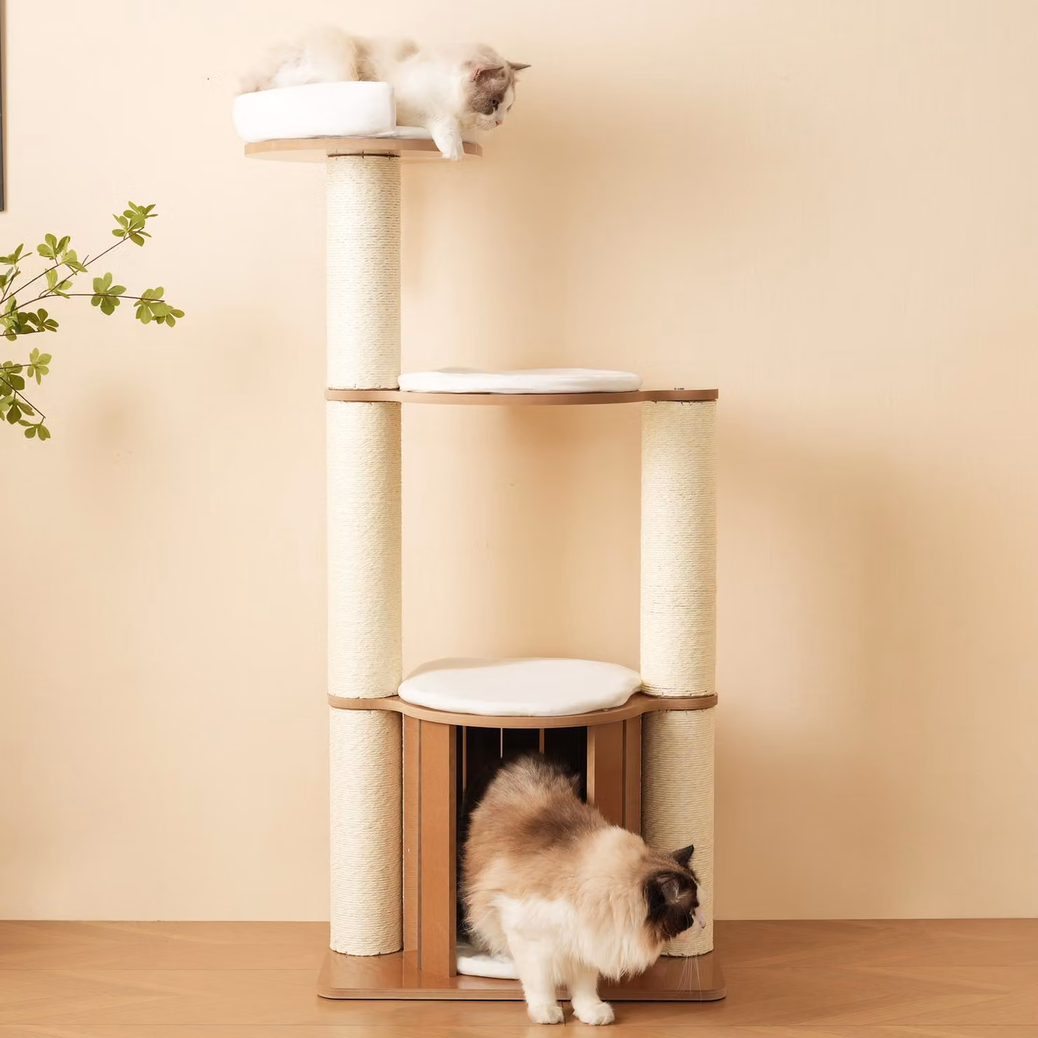 MODFU albero per gatti 135 cm con tappetini rimovibili e protezione antiribaltamento, tiragraffi per gatti con tronco XXL e tronchi più spessi di 12 cm, struttura di arrampicata per gatti con piattaforme a 3 livelli e casetta per gatti, tiragraffi per gat