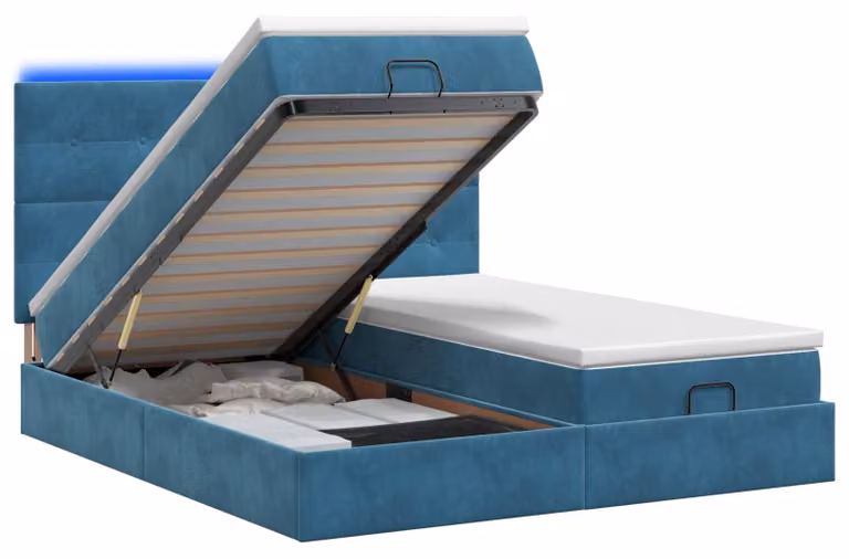 Panca contenitore con materasso e illuminazione LED, colore blu scuro, 160 x 200 cm, rivestita in velluto