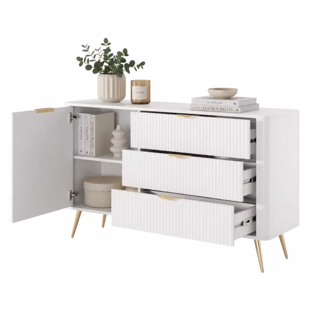 Madia Halilomo DMORA con 3 cassetti, colore bianco e oro, L: 138 cm, P: 38 cm, H: 81 cm – 2