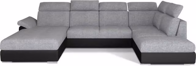 Divano panoramico convertibile MAJESTA di MEUBLORAMA a forma di U con angolo sinistro, grigio e nero, con funzione letto e poggiatesta regolabile, L: 336 cm, P: 102 cm, H: 102 cm