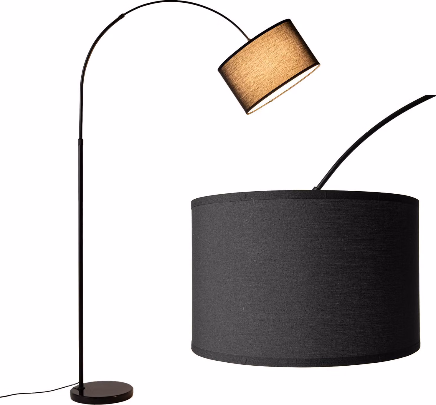 Lampada da terra Arco con paralume in tessuto nero da 40 cm, base in marmo, regolabile in altezza fino a 180 cm, E27, interruttore a pedale