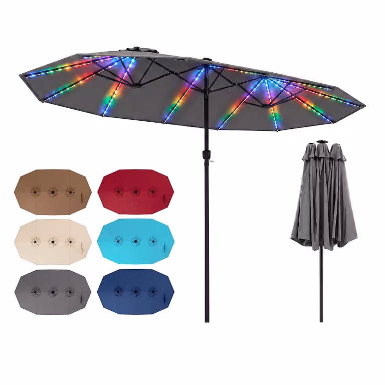 COSTWAY, ombrellone doppio, 440x260 cm, ombrellone da terrazza con manovella, illuminazione solare a LED, 12 modalità di illuminazione e 2 opzioni di ricarica, ombrellone da giardino, ombrellone da mercato, colore grigio