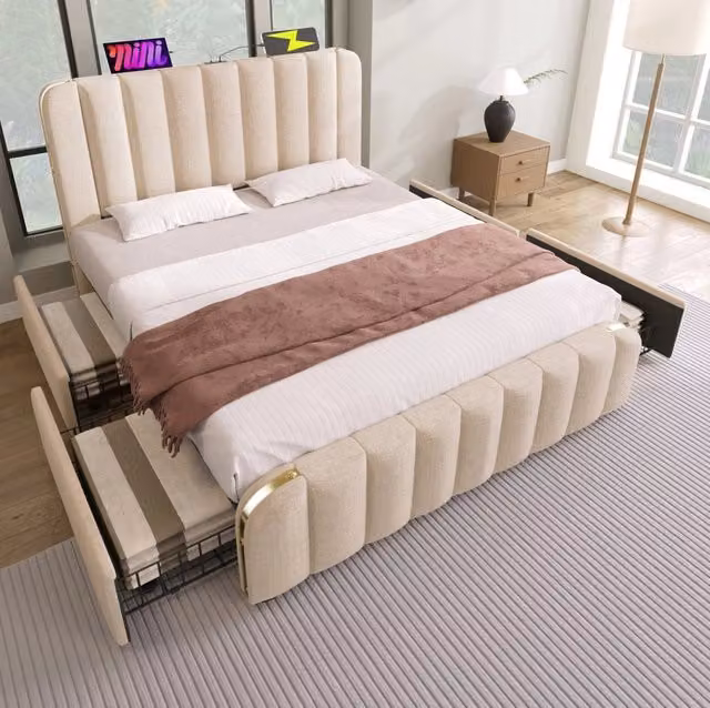 Letto matrimoniale con contenitore 160x200 cm; 4 cassetti; USB-C; tessuto beige e materasso H3