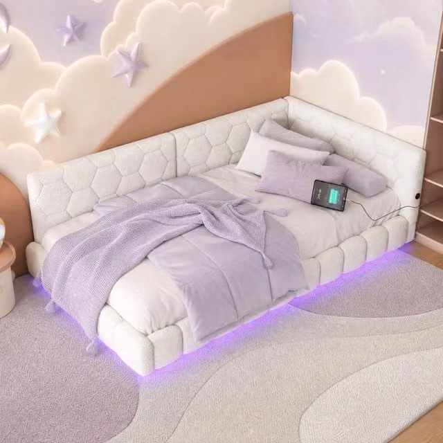 Letto da giorno 90x200 cm con luci LED; USB e Type-C; bianco
