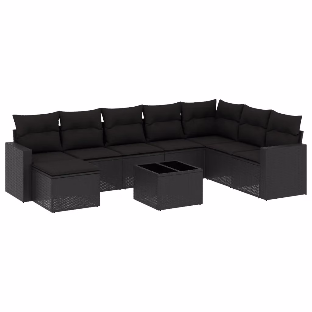 vidaXL Set Divani da Giardino a Forma di U composto da 9 Pezzi con Cuscini e Tavolino Nero in Polyrattan e Acciaio – 2
