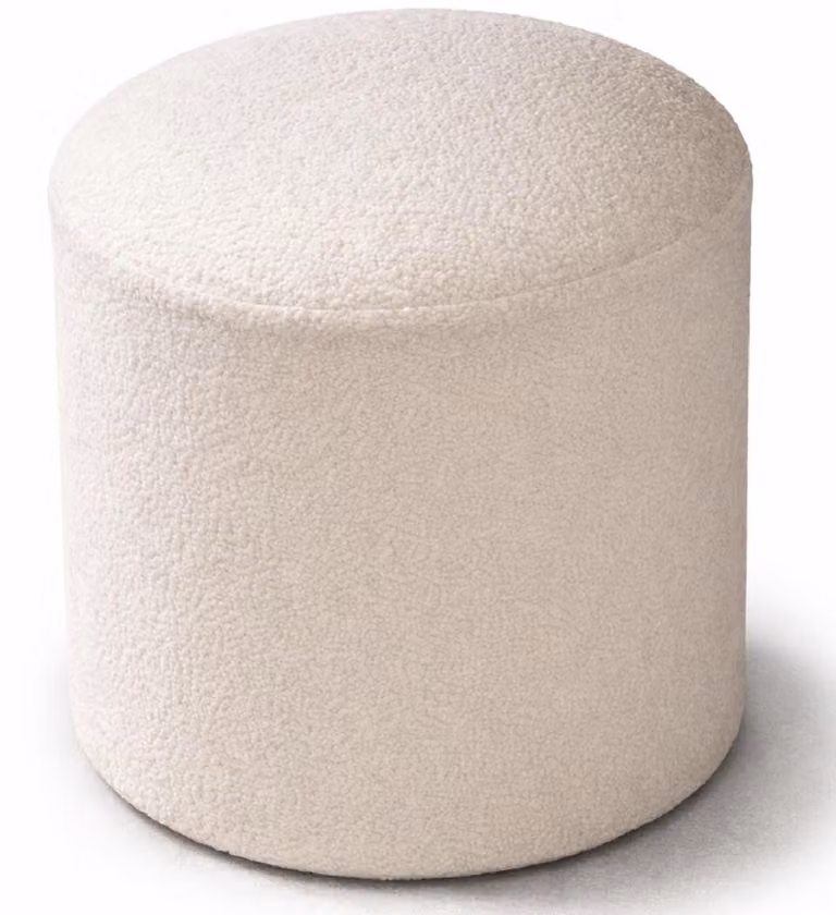 Pouf rotondo color beige, morbido e confortevole, ideale per l'arredamento della camera da letto, prodotto di alta qualità
