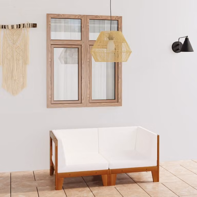 The Living Store Divano a 2 posti con cuscini bianco crema in legno massiccio di acacia