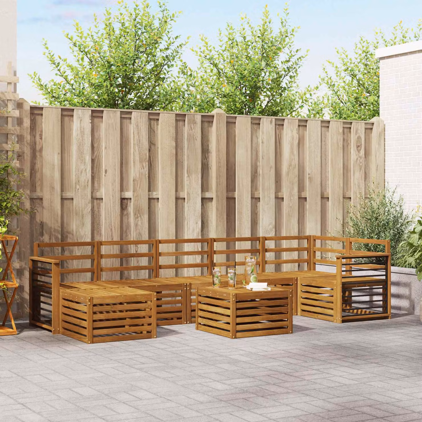 Set di divani da esterno vidaXL 8 pz in legno di acacia marrone con cuscini e tavolino da giardino a forma di L